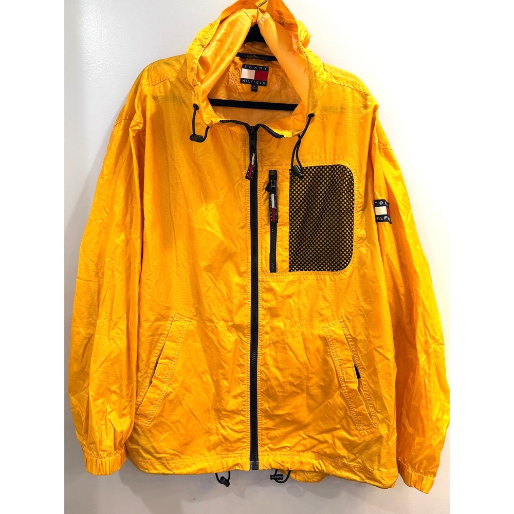 Tommy Hilfiger Yellow Windbreaker Rain Jacket Vintage 90's Y2K Size XL with Hood